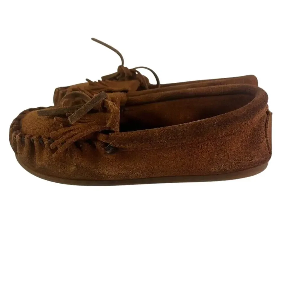 MINNETONKA Moccasin Casual Shoes Youth Kids US 2 Brown Suede Slip On Fringe 2402